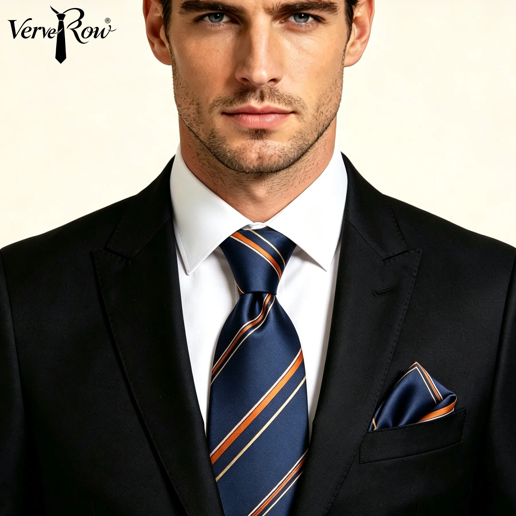 Men Accessories Elegant - VERVEROW ชุดเนคไทลายทางสีน้ำเงินเข้มและสีส้มสำหรับผู้ชาย พร้อมผ้าพันคอสำหรับกระเป๋าเสื้อ เนคไทหรูหราสำหรับงานพิธีและงานเลี้ยง