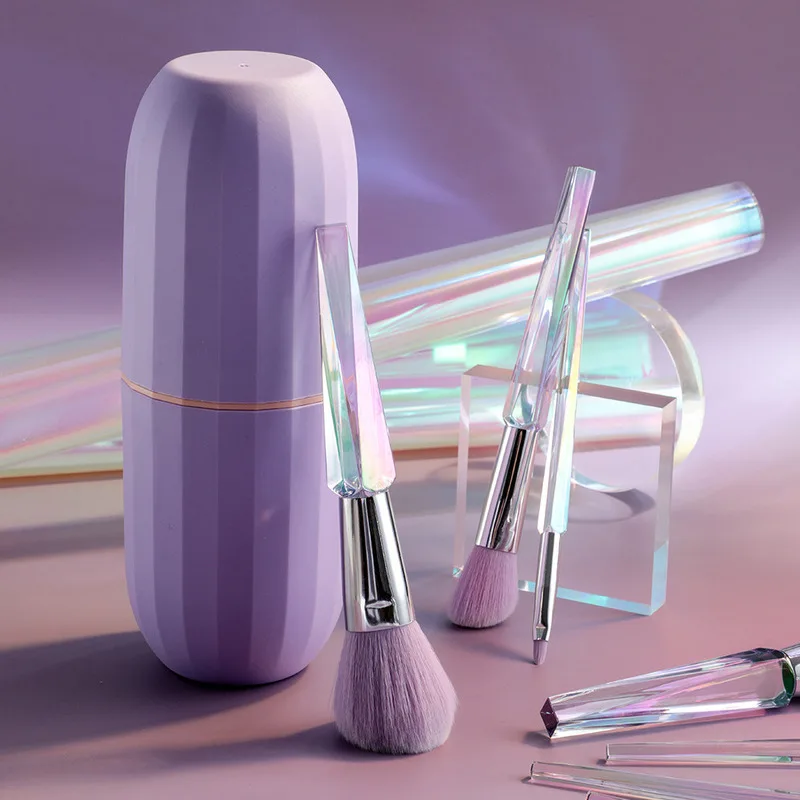 10-Piece Transparent Makeup Brush Set with Purple PVC Bucket Dazzling Diamond Crystal Handle - New Beauty Tool Set