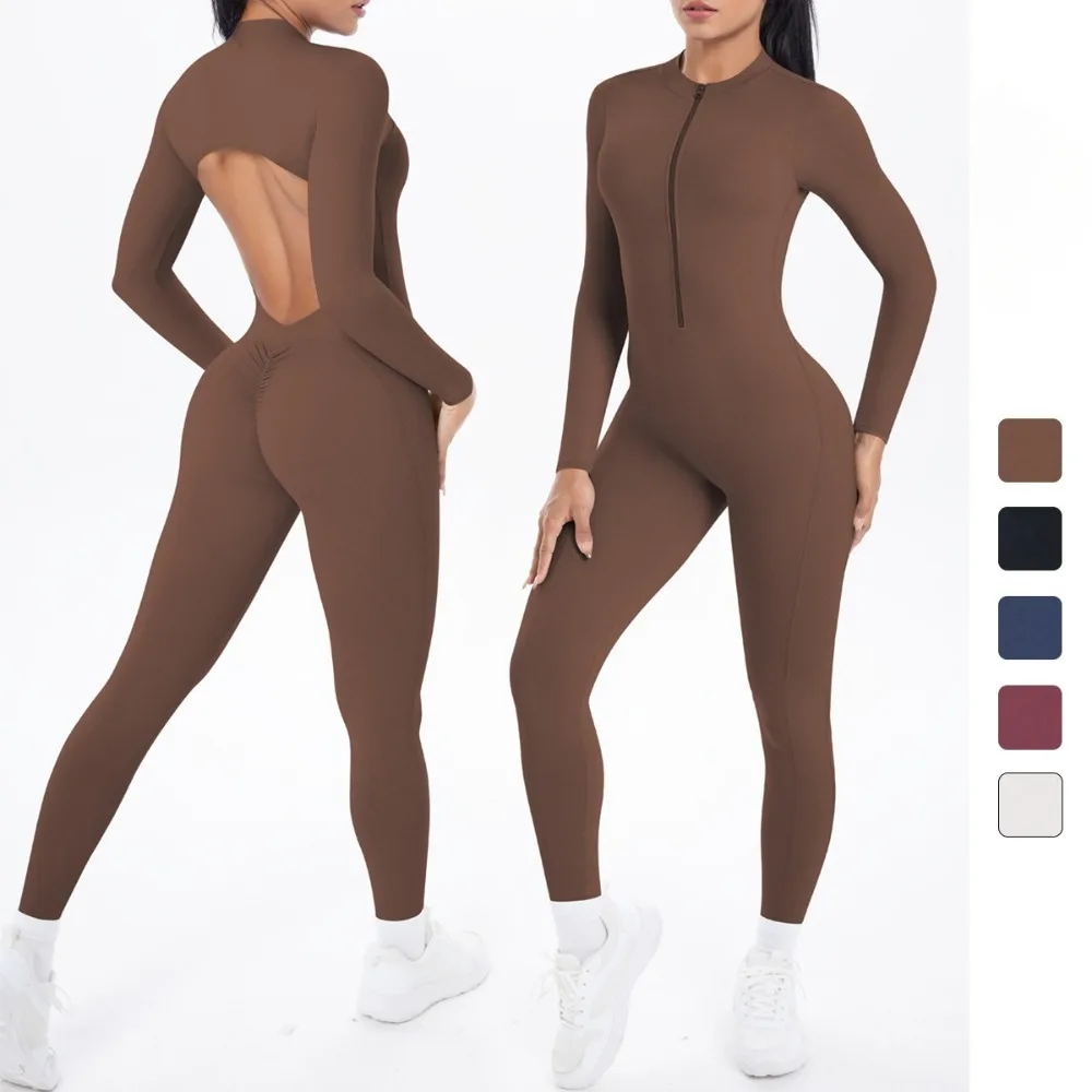 

Новый двусторонний парчовый однотонный комбинезон с красивой спиной и длинными рукавами, спортивный костюм для бега, фитнеса, йоги, комбинезон