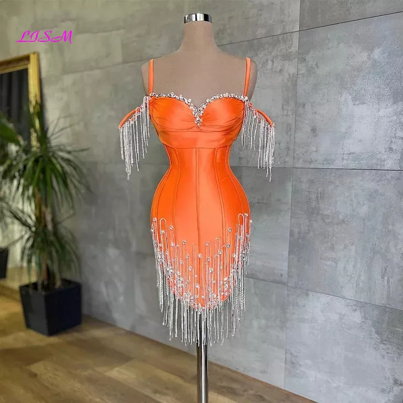 Vestido de coquetel com cristais Tassel para meninas negras, vestidos curtos de baile, mini vestidos luxuosos, sereia laranja, formatura e festa de aniversário