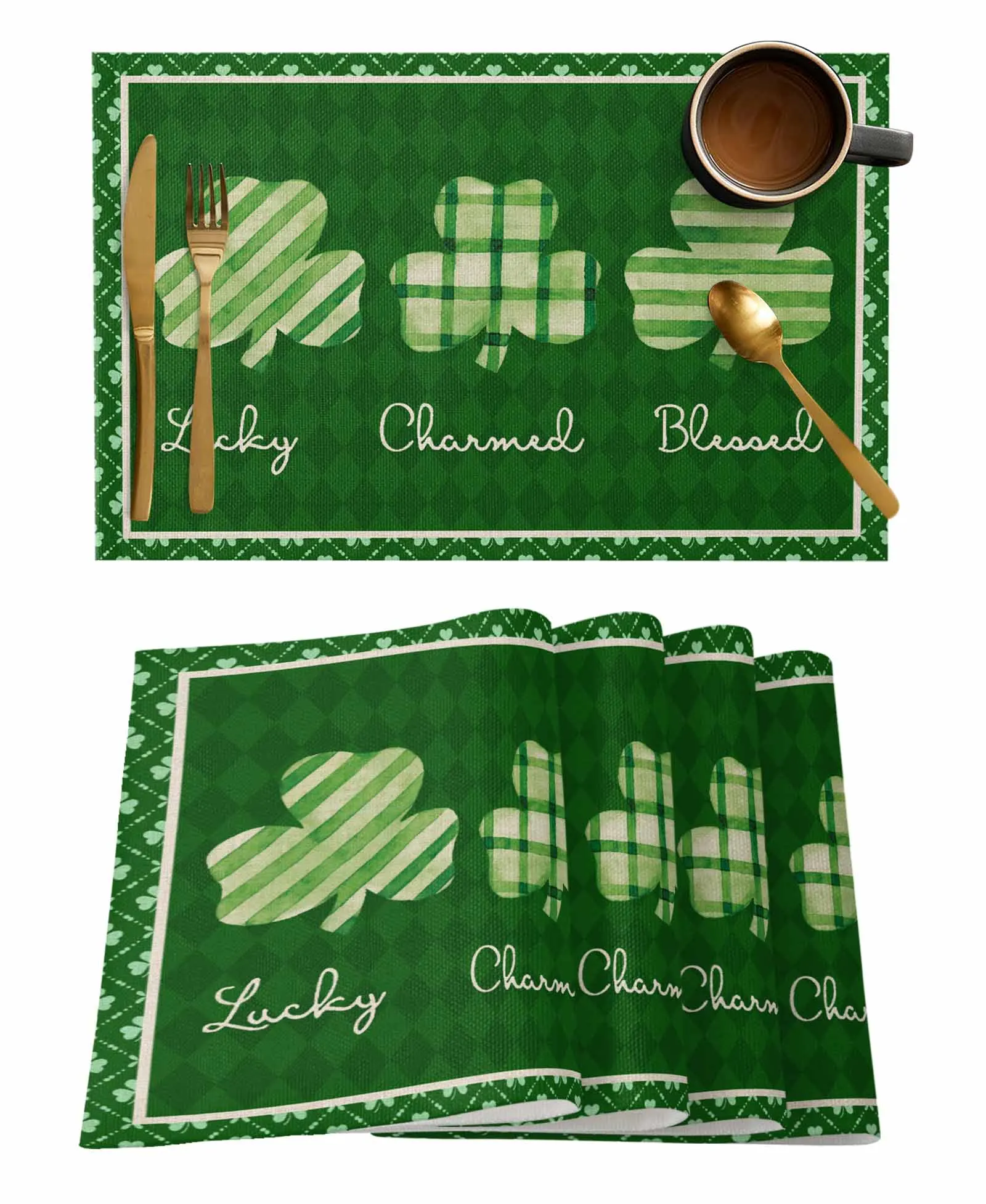 St. Patrick's Day Hand Drawn Clover Retro Kitchen Dining Table Decor Accessories 4/6pcs Placemat Heat Resistant Tableware Mat