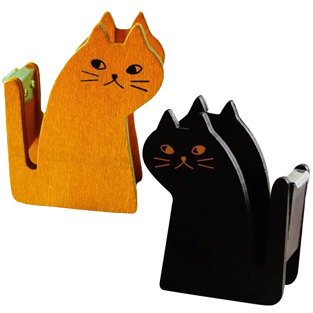 

2 Pcs Cat Tape Holder Tabletop Adorable Dispenser Retro Decor Portable Wood Office