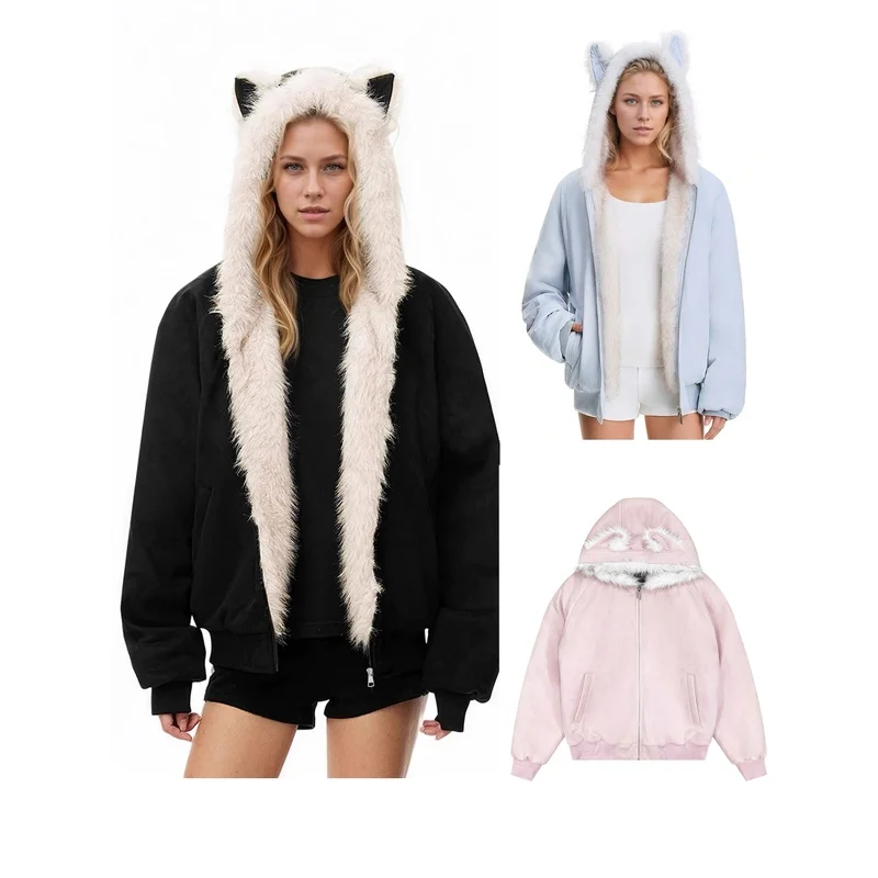 New Vintage Cute Cats Ears Hair Coat Women Winter Jackets Hoodies Cotton Jacket Warm Couples Thickened Women Clothing