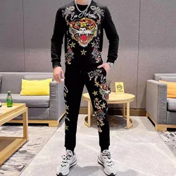 Tiger Head Jacket Fashion Brand Hot Diamond Dazzling Big Full Flower Round Neck Sweater Jacket Long Sleeve Jacket Suit Male& men