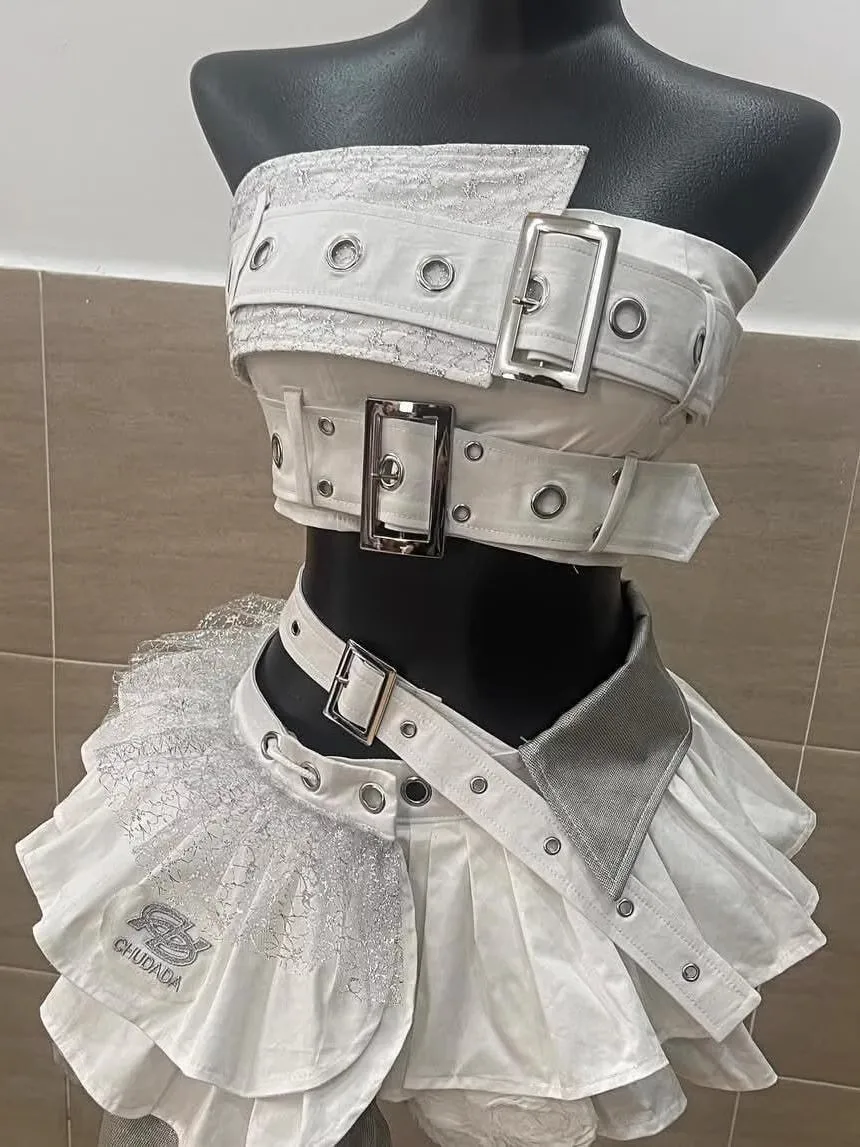 New style Japanese Sweet Cool White Punk Style Y2k Tube Top Splicing Lace Irregular Tutu Sexy Two-piece Set For Girls