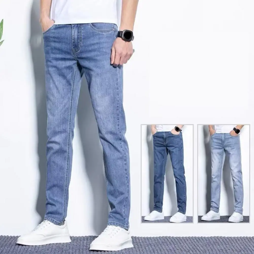 Solid Color Splicing Men Jeans Stylish Men's Denim Pants Distressed Small-legged Jeans with Pockets Solid Color Splicing