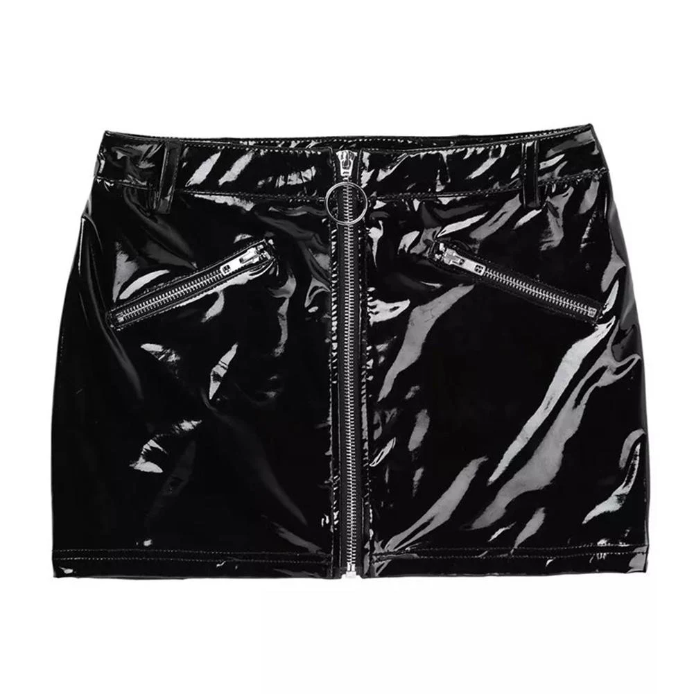 Slimming Fit Women Glossy Faux Leather Night Party Hip Wrap Skirt Summer Zip Up Short Skirts Sexy Clubwear Female