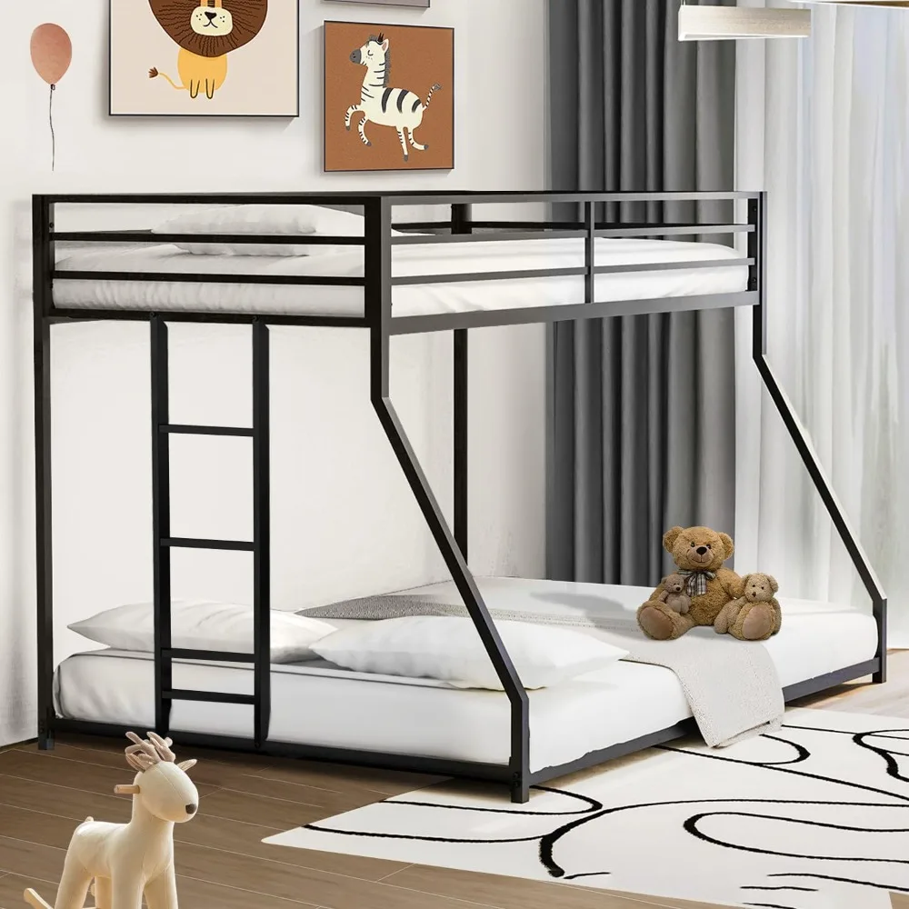 Bunk Bed, Dormitory Bed ,Twin Over Full Bunk Bed - Metal Bunkbeds Full Bottom Low Profile Removable Side Ladder Black