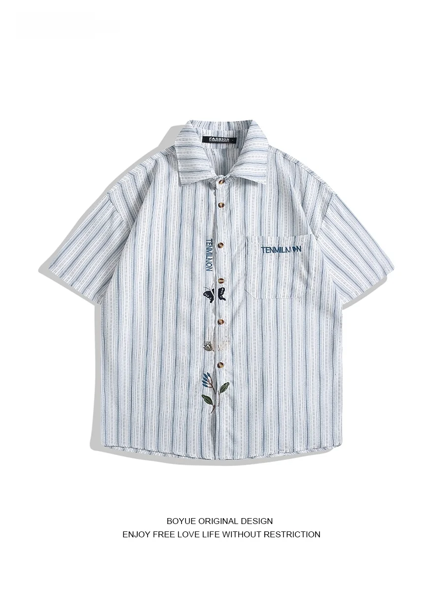 

Boyue Summer Vintage Embroidered Striped Harajuku Sle Ice Silk Cool Feeling Casual ort Sve irt for Couples