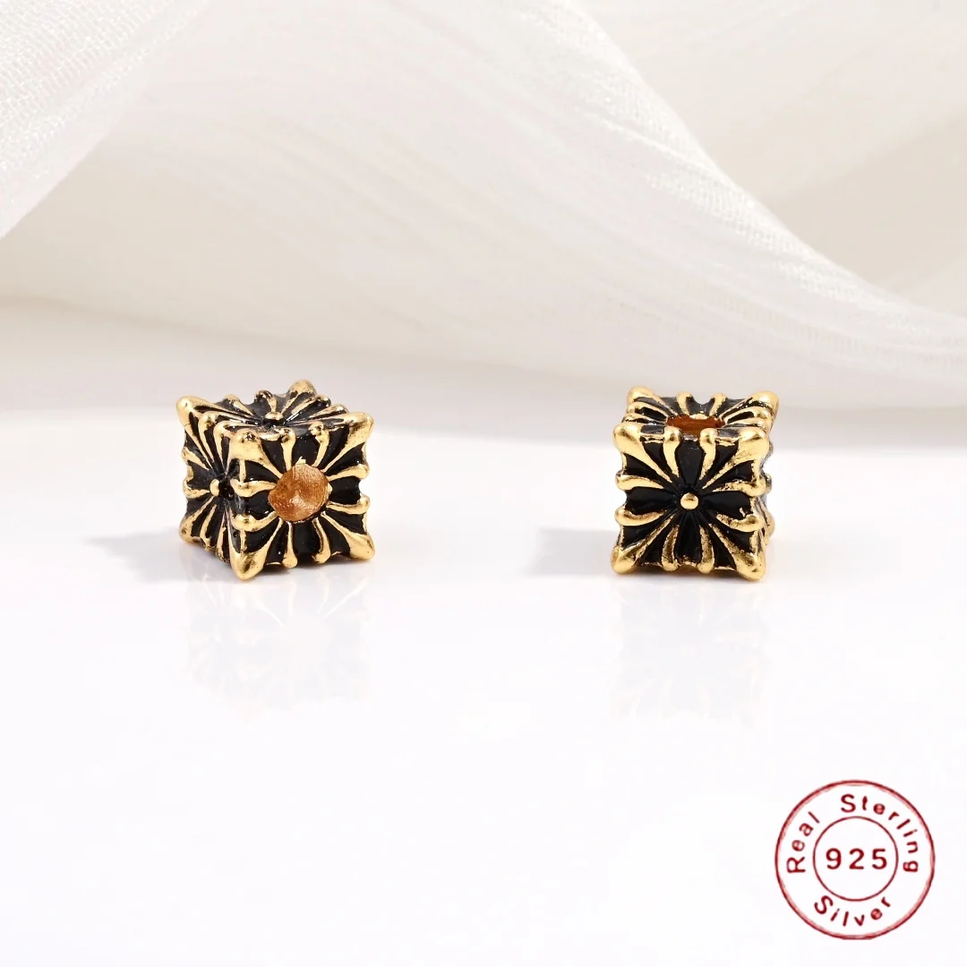 

1 piece/S925 Sterling Silver Retro Dark Style Square Loose Beads For DIY Handmade Bracelet And Necklace Spacer Accessories SZ201