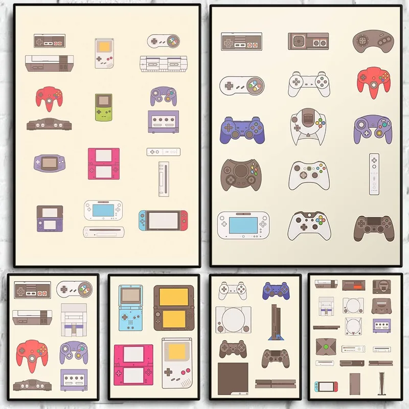 (2D Canvas Painting)  Video Game Handheld and Console Evolution Poster Gamepad Canvas Painting Wall Art Picture for Gaming Ro
