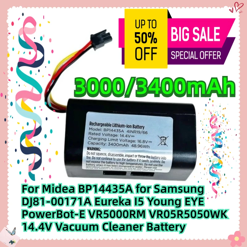 For Midea BP14435A for Samsung DJ81-00171A Eureka I5 Young EYE PowerBot-E VR5000RM VR05R5050WK 14.4V Vacuum Cleaner Battery