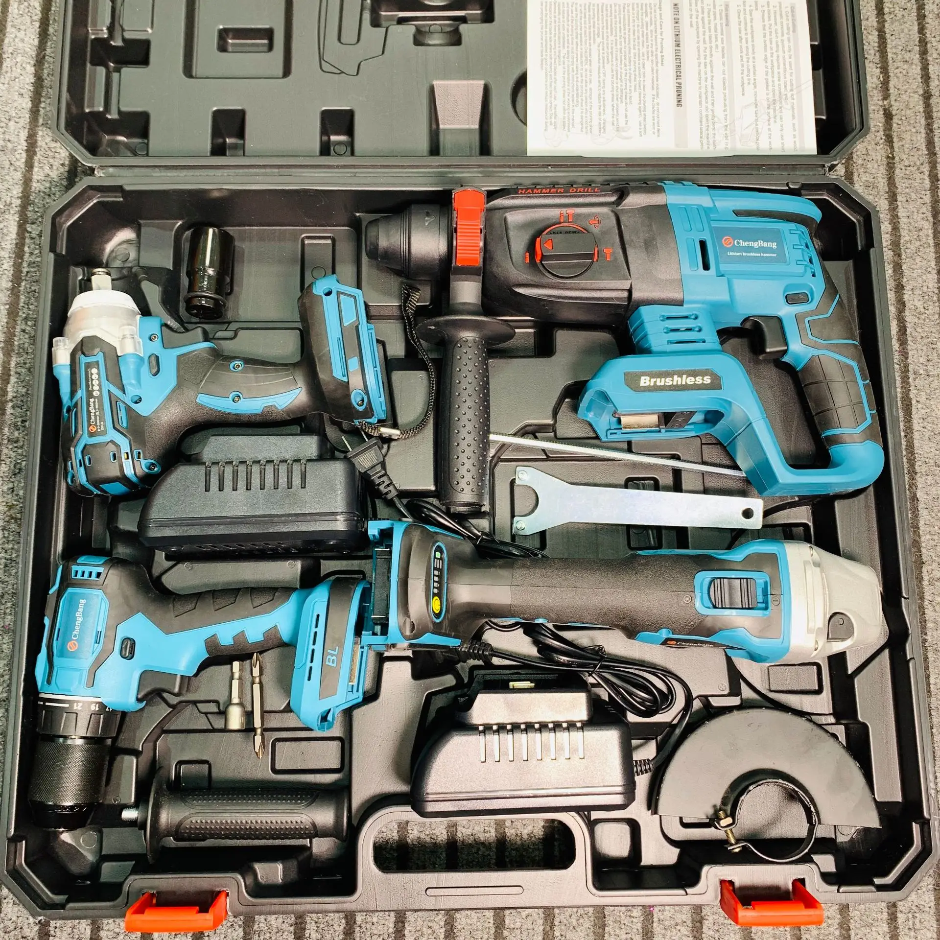 C major suit four-piece lithium brushless electric tools (drill + hammer + 125mm Angle grinding + wrench) makita battery Keuhz