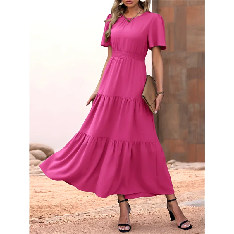 ASDS-ผู้หญิงฤดูร้อนสบายๆแขนสั้นกระพือรอบคอ Smocked เอวฉัตร Boho ดอกไม้ Flowy Maxi Dress