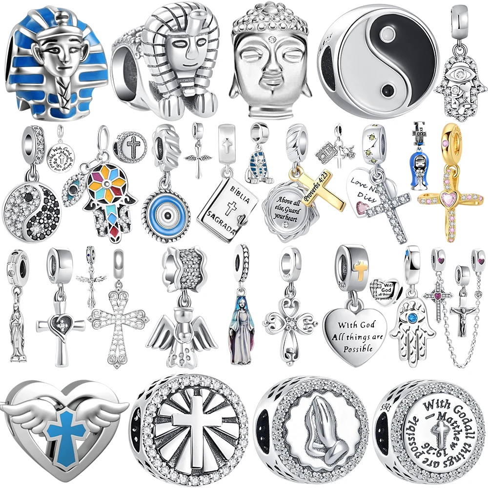 925 Silver Religious Charms Cross Buddha Sphinx Tai Chi Evil Eye Hamsa Hand Beads Pendant Fit Bracelet DIY Jewelry Making Gift