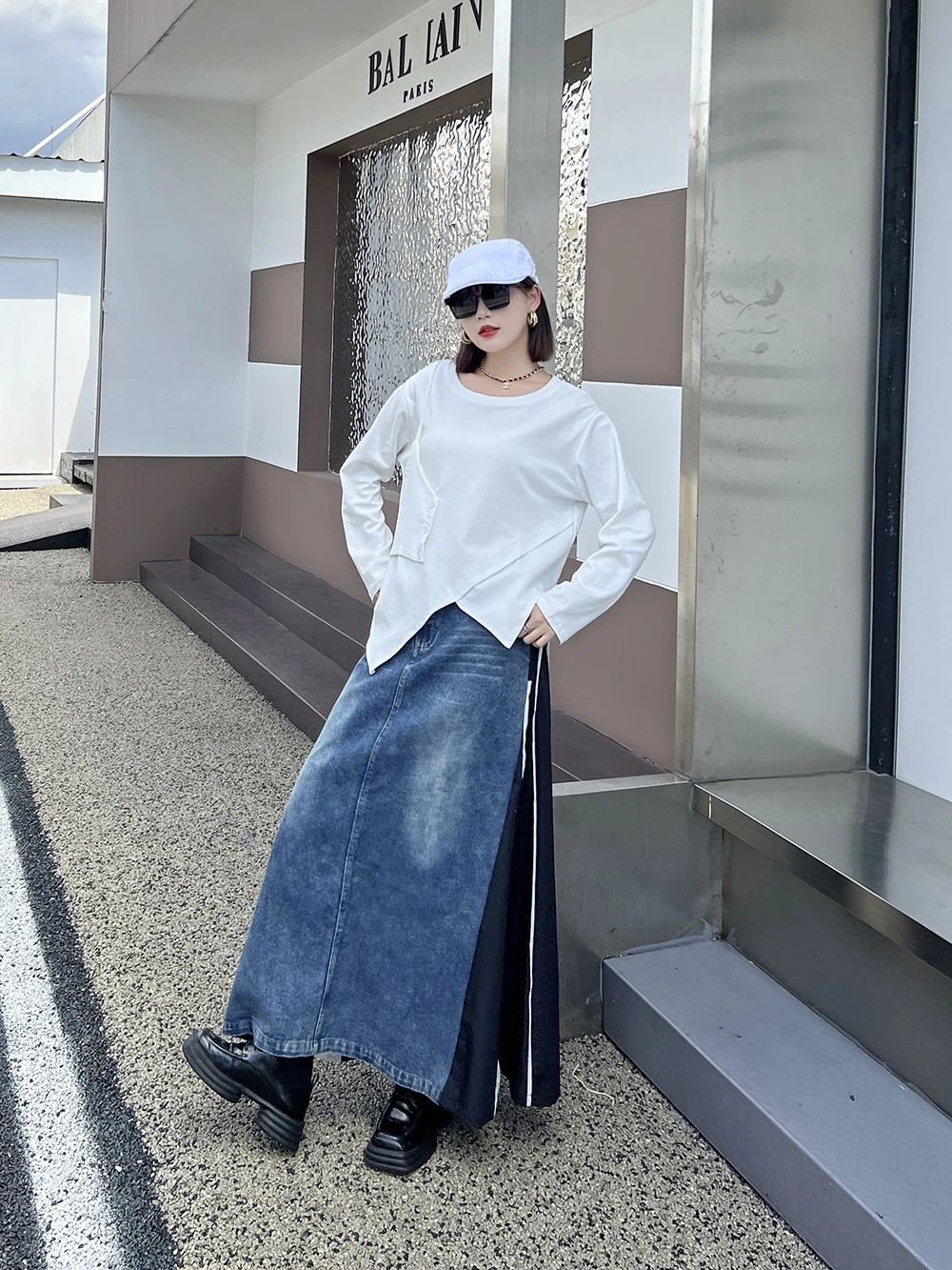 230827 Blue Denim Color-block Long A-line Half-body Skirt High Elastic Waist Women Fashion Tide New Spring Autumn 2024