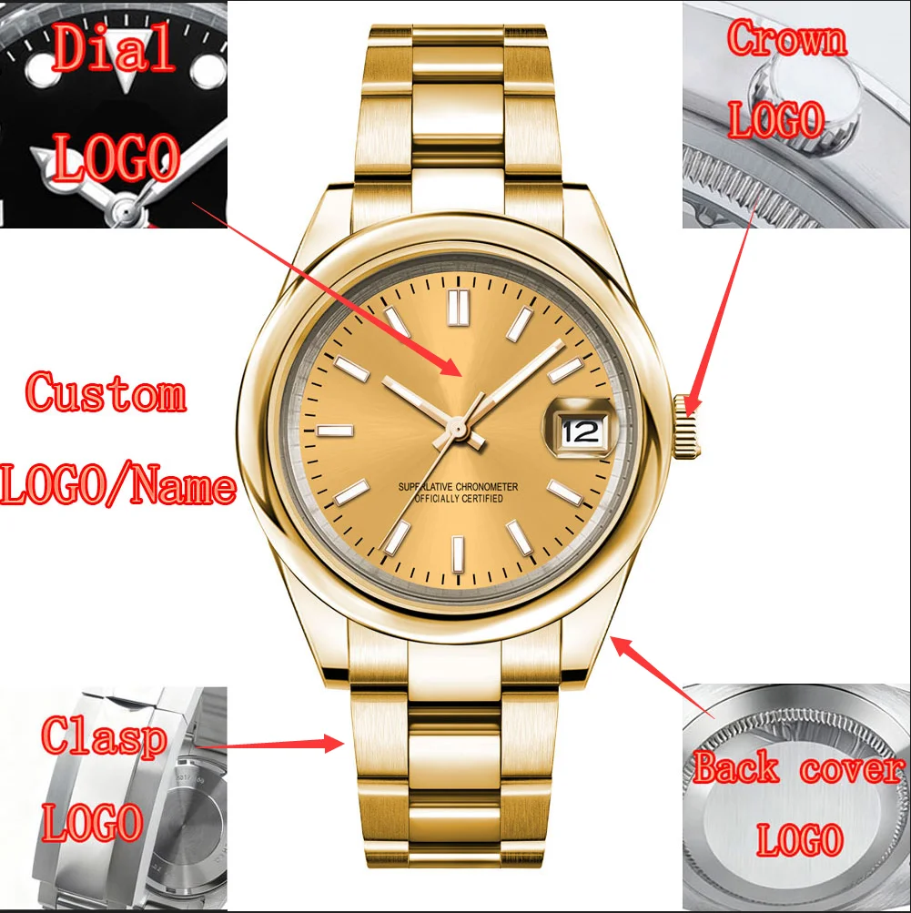 นาฬิกาข้อมือผู้ชายหรูหรา NH35 ขนาด 36 มม./40 มม. หน้าปัดเรียบ กระจกแซฟไฟร์ ระบบอัตโนมัติ Miyota พร้อมโลโก้สั่งทำพิเศษ Reloj Hombre