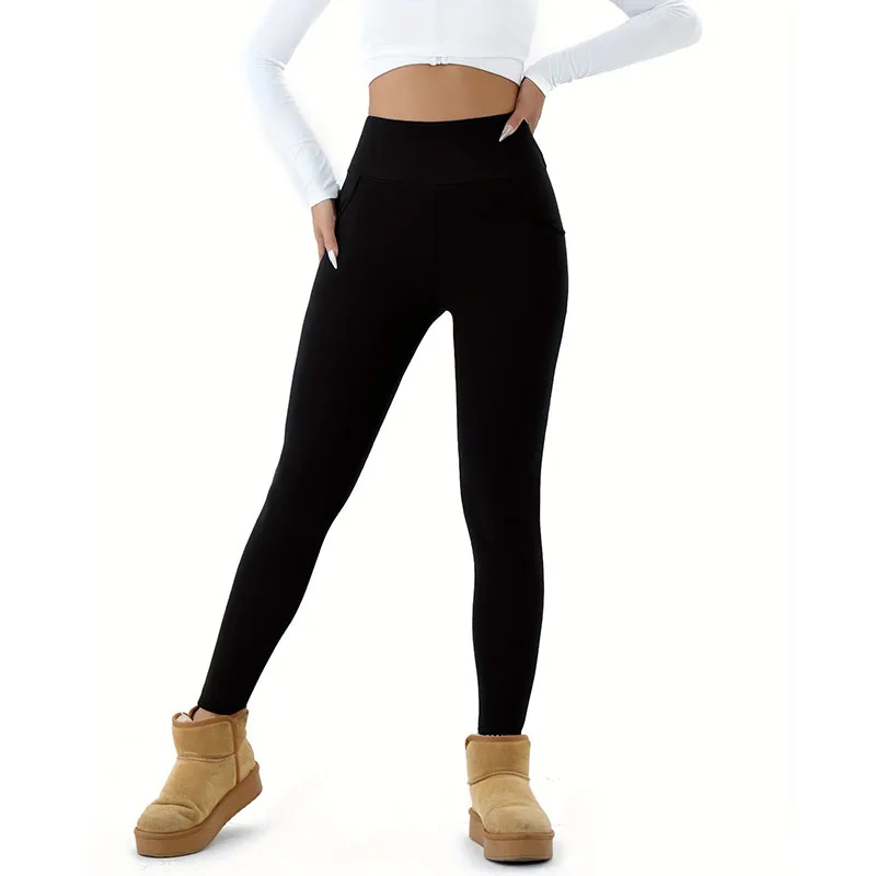 

Women with Pocket Winter Plus Velvet Leggings Solid Color Versatile Tight Elasticity Leggings Casual Fleece Sports Yoga Pants