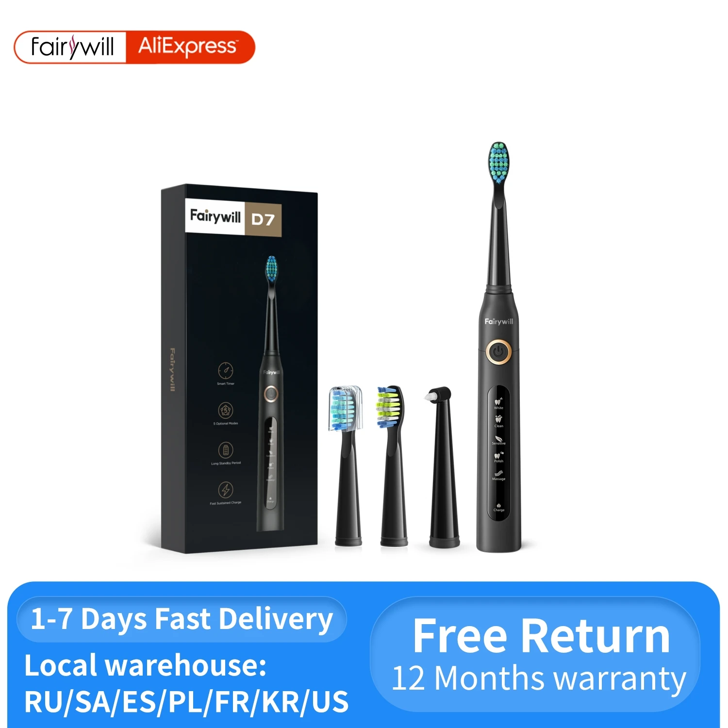 Fairywill Electric Sonic Toothbrush USB Charge FW-507 Rechargeable Waterproof Electronic Tooth Brushes Replacement Heads Adult