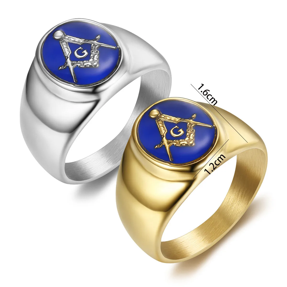 Classic Masonic Rings for Men Women Gold Plated Stainless Steel Trendy Blue and Red Glue AG Free-Mason Rings US Size 7-15 R726G