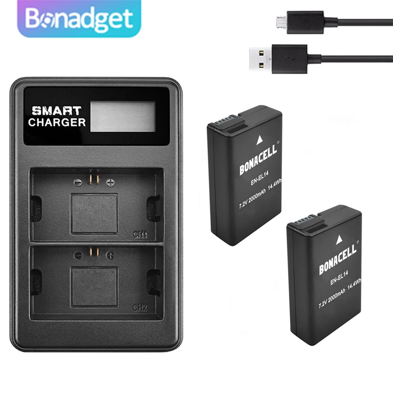 Bonadget 2000mAh EN-EL14 ENEL14 EN EL14 Bateria Camera + Dual Carregador Para Nikon D5200 D3100 D3200 D5100 P7000 P7100 MH-24