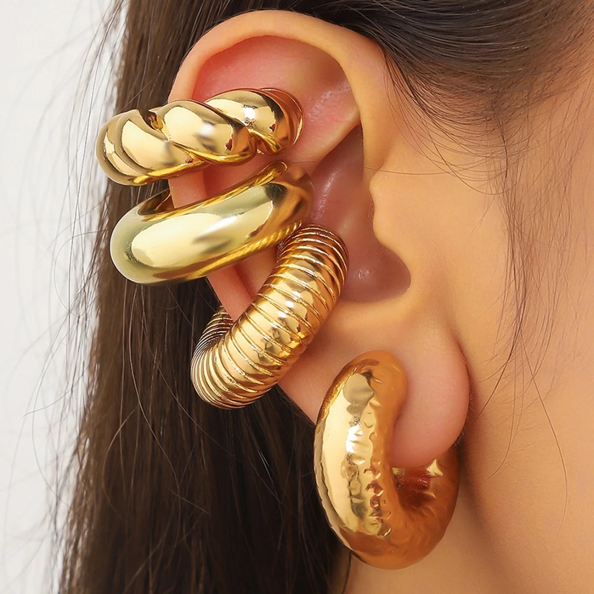 4 Stück/Set Street-Style, klobige, gehämmerte, verdrehte C-förmige Ohrklemmen, Ohrringe für Damen und Herren, ohne Ohrlöcher, glatte Ohrclips, Punk-Schmuck – Detail 7