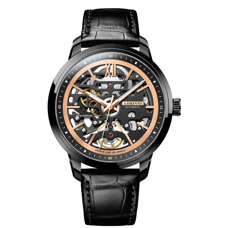 LOBINNI 42mm quadrante scheletrato orologio automatico da uomo cinturino in pelle di marca di lusso orologio da polso a carica automatica da uomo