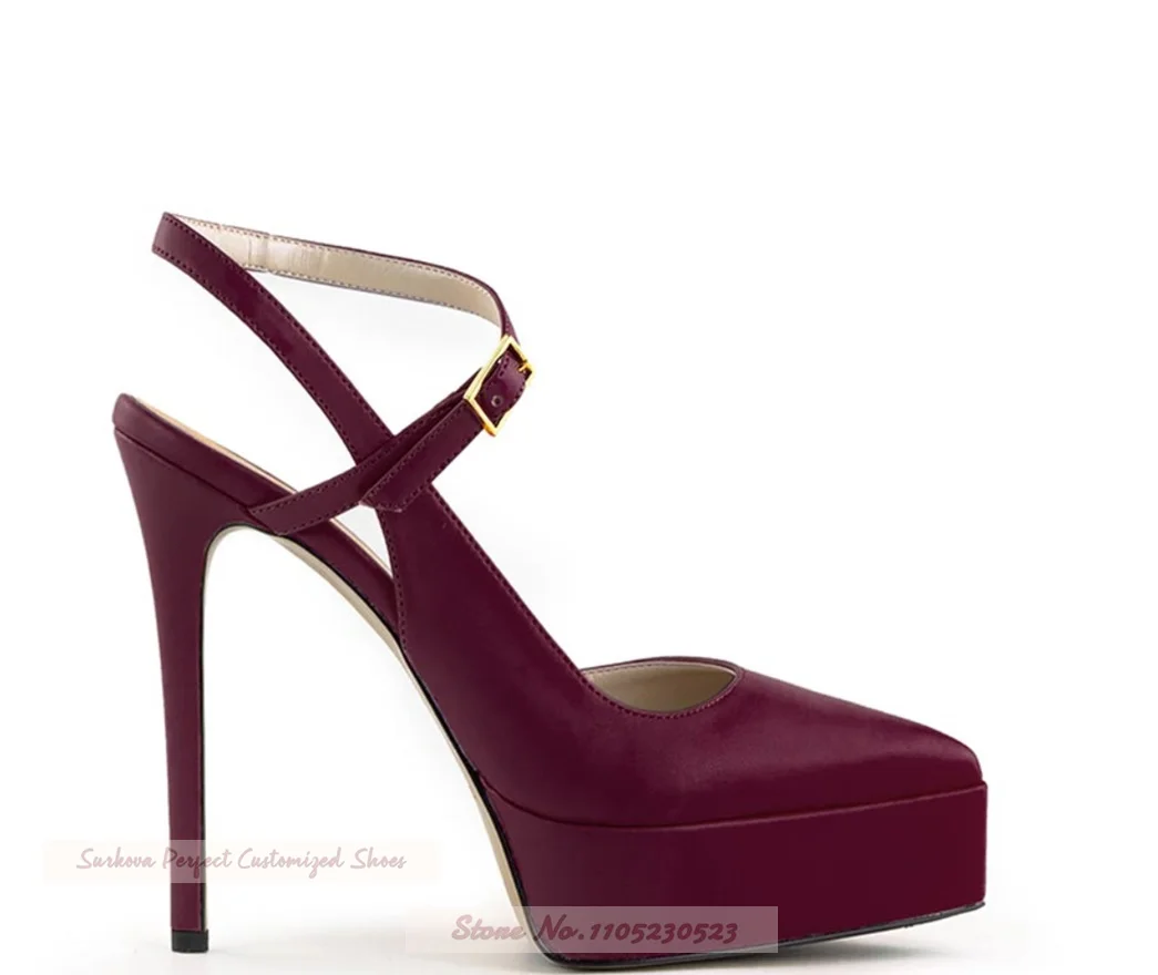 

Burgundy Matte Pointed Toe Platform High Heel Shoes Slingback Buckle Strap Stiletto Heels Dress Pumps Elelgant Banquet Footwear