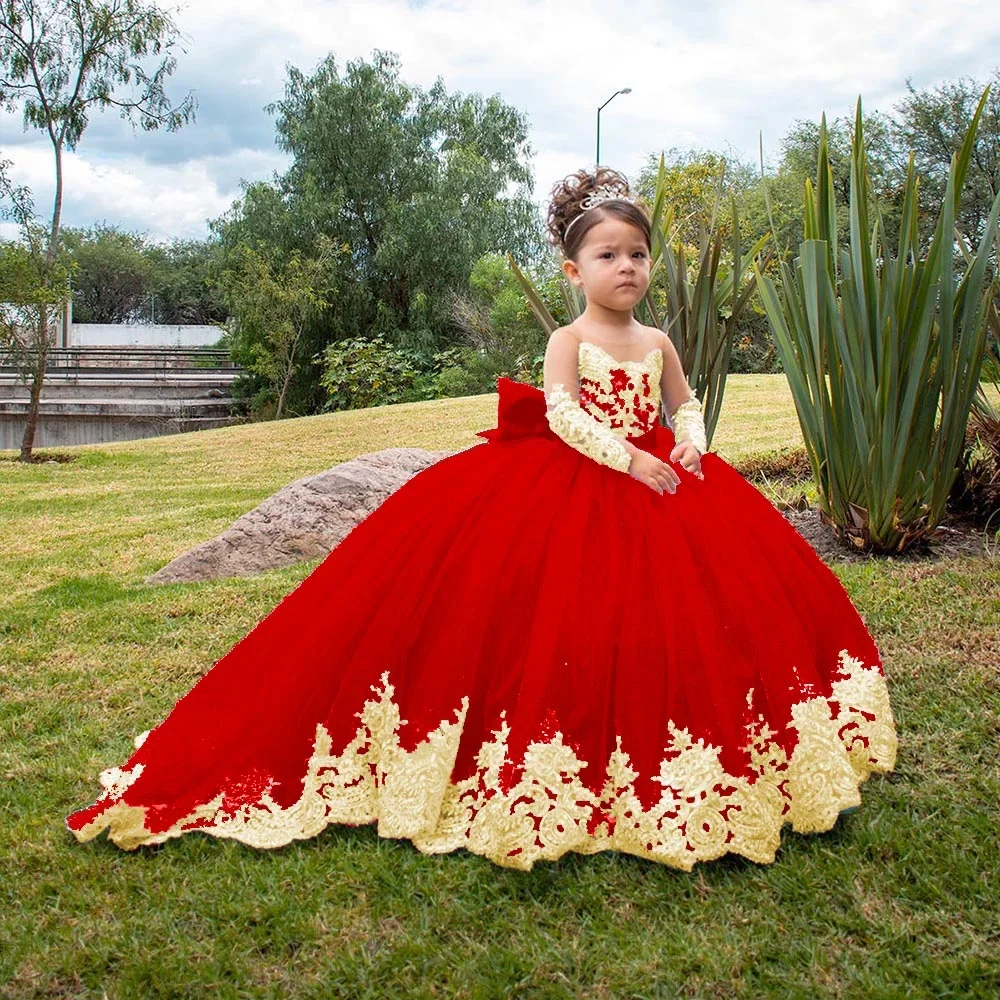 Vestidos de niña de flores con apliques de encaje dorado para boda, vestido de primera comunión de princesa de manga larga, vestido largo de fiesta de cumpleaños para niños pequeños