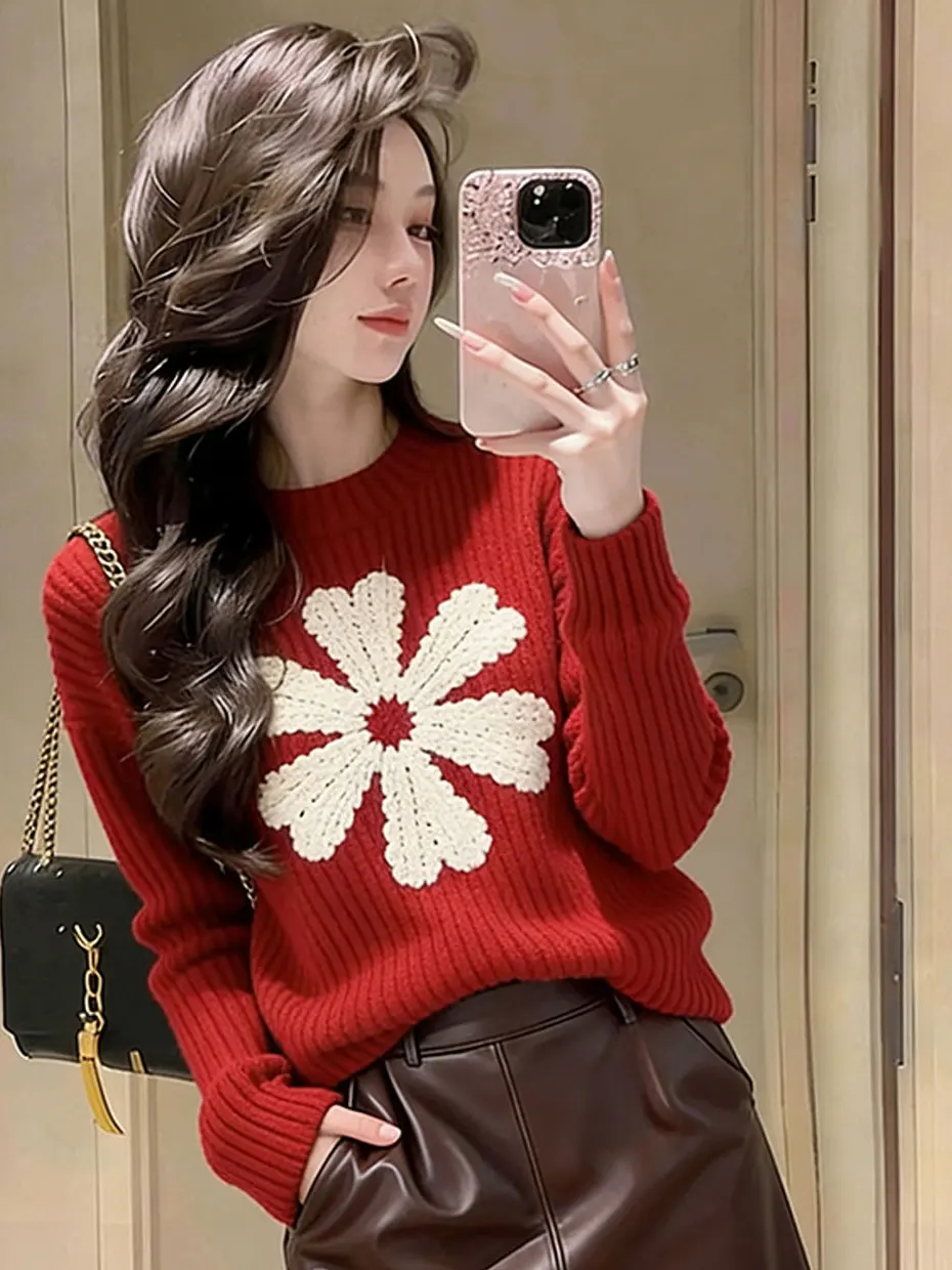 

Elegant Red Knitted Sweater Women's Christmas New Year Korean Style Ageless Fashionable Print Long Sleeve Casual Streetwear