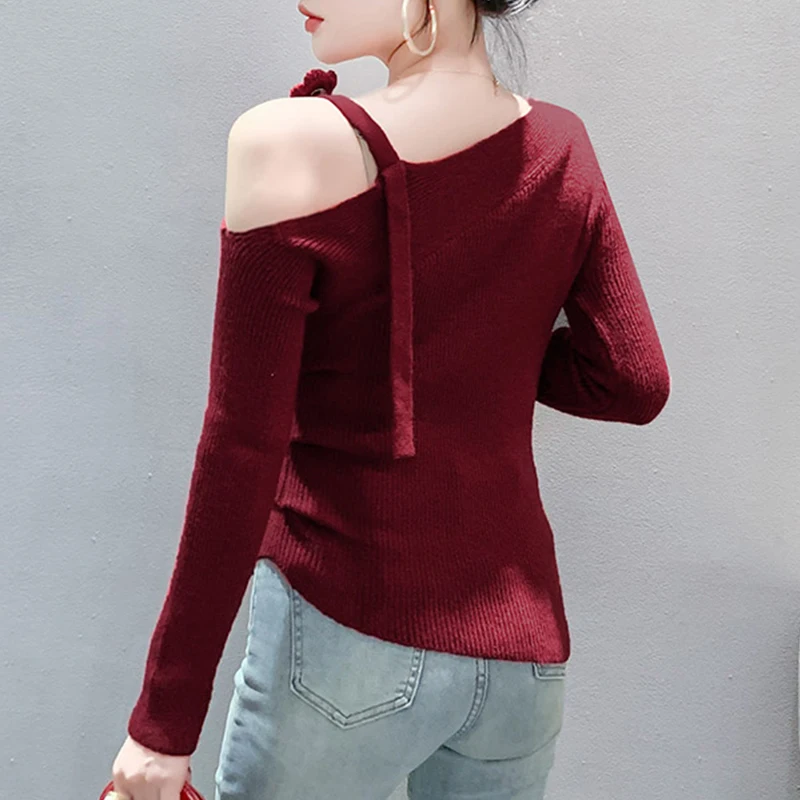 2025,New,European,Clothes,Fall,Winter,Knitted,Turtleneck,Sweater,Chic,Sexy,Skew Collar,Off Shoulder,Women,Long Sleeve,Tops,41113