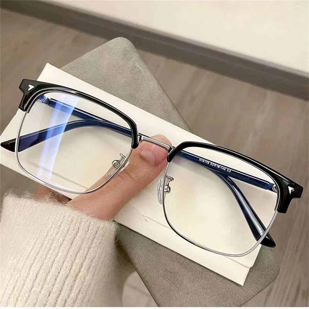 Lunettes anti-lumière bleue demi-cadre tendance loisirs féminines de personnalité rétro nouvelle 2024, lunettes classiques plates.