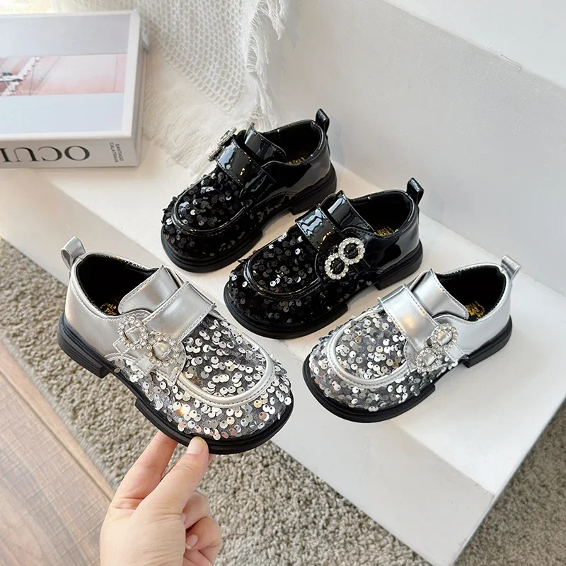 Jogerli Bling Fashion Leather Shoe For Kids Girls Sequined Black Silver Rubber Children School Dress Shoes For Party