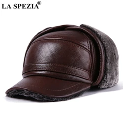 LA SPEZIA Winter Bomber Hat Men Russian Brown Leather Ushanka Cap With Ear Flaps Fur Warm Genuine Cow Leather Brand Baseball Cap