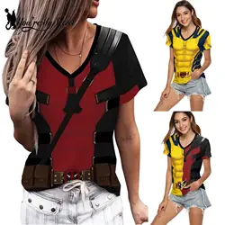 [You're My Secret]  Women T-Shirt Wolverine Cosplay Deadpool Short Sleeved Shirts Halloween Carnival Party Tops V-Neck Clothing