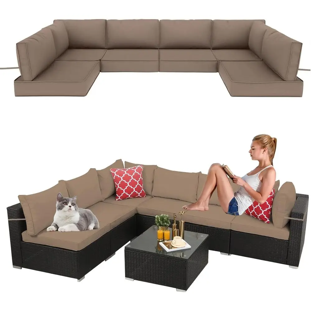 

Khaki Waterproof 6-Seat Deep Cushion Outdoor Sectional Sofa Set with 4 Thick Cushions
