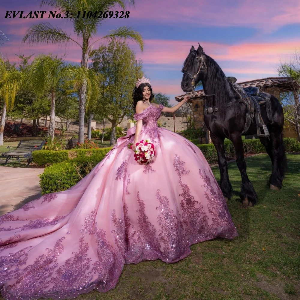 

EVLAST индивидуальное блестящее лавандовое платье Quinceanera, бальное платье с аппликацией, корсет с бантом и бисером, Sweet 16, Vestidos De 15 Anos E3Q658