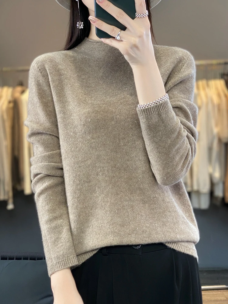 Addonee New Chic Women Sweater Autumn Winter Mock Neck Pullover 1000% Merino Wool Soft Cashmere Knitwear Grace Female Clothing