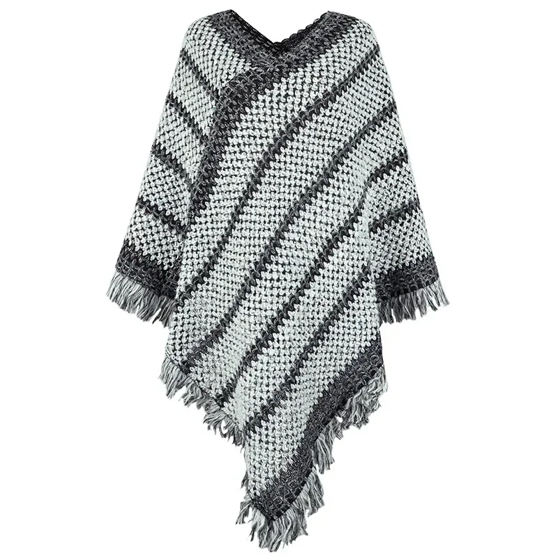 

Autumn Winter New Style Color Contrast Striped National Style Tassel Pullover Cloak Poncho Lady Capes Light Gray Cloaks