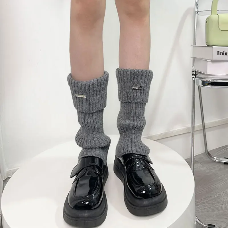 

Metal Label Leg Warmers Knitted Women Calf Socks Solid Color Vintage Winter Y2K Japanese Harajuku Pile Long Socks Leg Covers