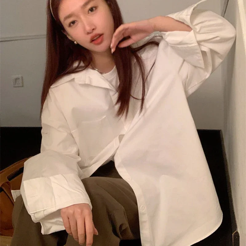 

Korean Oversized White Shirts Women Chic Pocket Single Breasted Loose Blouse Woman Turn Down Collar Long Sleeve Casual Shirt