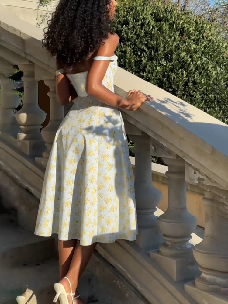 FIGOHR Summer Women's Elegant Temperament Off-Shoulder Floral Print Mid Dress Spaghetti Straps Dress Female Sexy Side Slit Dress