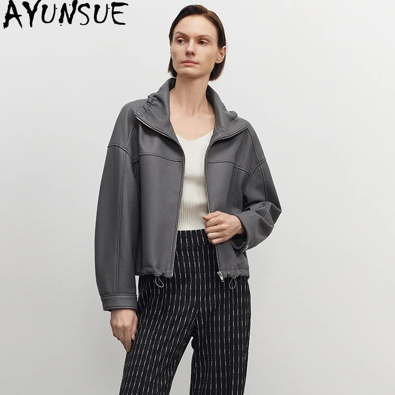 AYUNSUE Vera Pelle di Capra Giacca di Pelle Genuina per la Donna Nero Donna Giubbotti Loose Fit Primavera Autunno Vestiti │ ngaха Жiichtха Ж miscecud