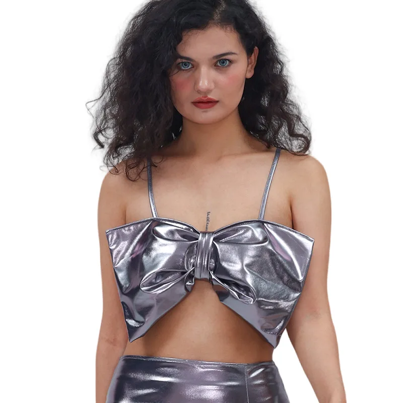 

Bow Shaped Bra Tops Women Clothes Party Club Satge Performance Costume Sweet Sexy Hot Stamping Patent Leather