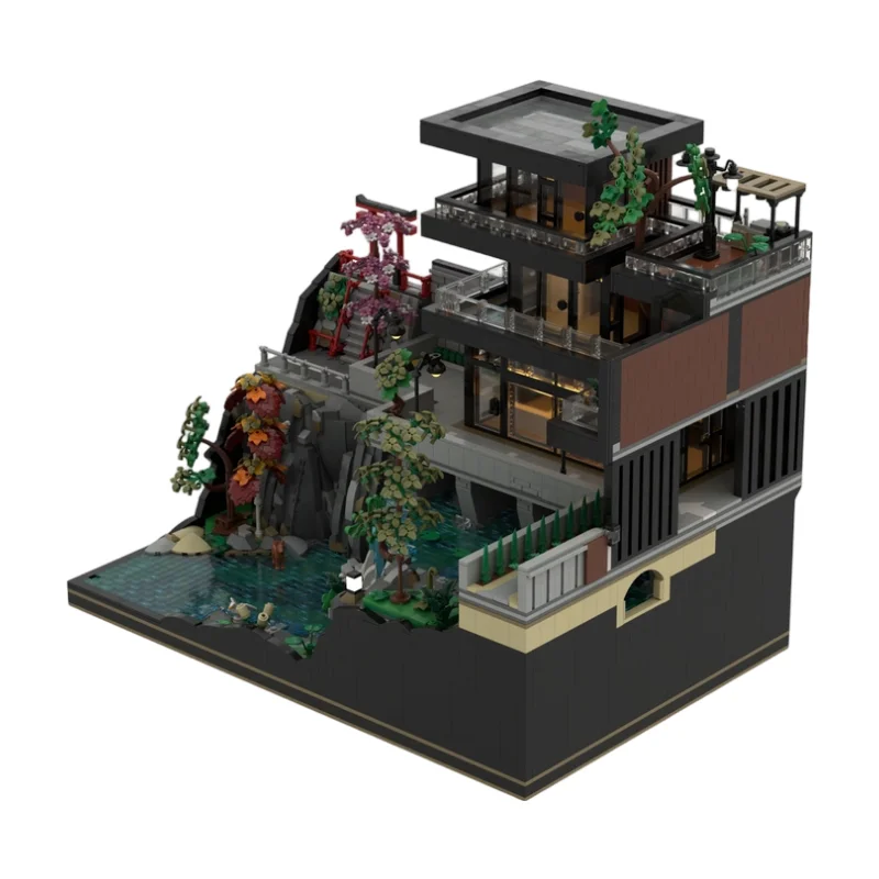 

Modern Japanese Waterfall Villa MOC Building Blocks Zen Style House Model DIY Assemble Landscape Desktop Display Toy