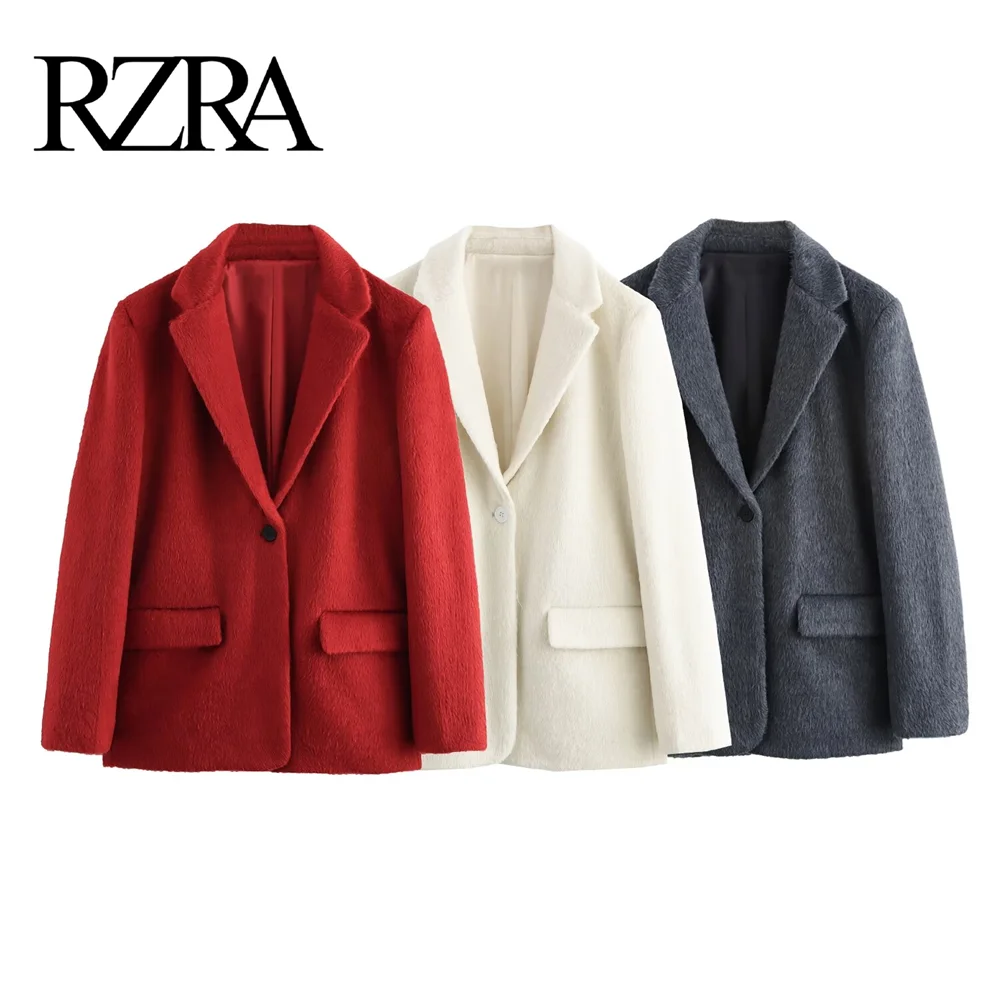 

RZRA2024 winter new women's solid color straight loose soft artificial fur effect straight cut suit jacket pocket decoration