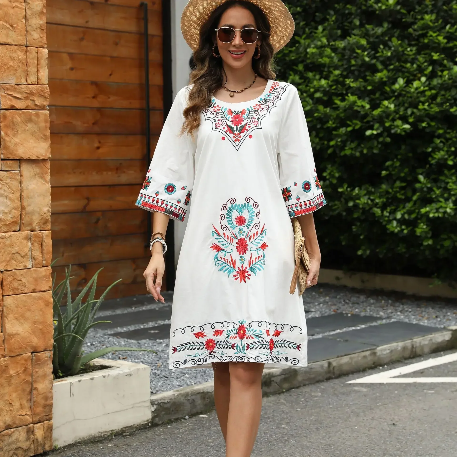 Eaeovni Mexican Embroidered Summer Dress Ruffled Sleeve Boho V Neck Mini Dress for Women 2024 Plus Size Casual Dresses