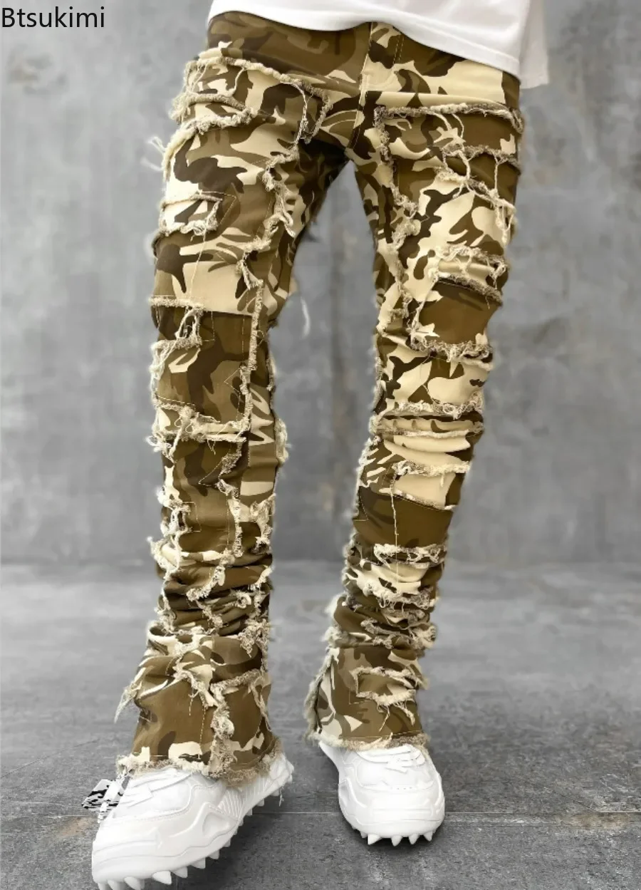 2026 Men\'s Fashion Hollow Out Ripped Jeans Streetwear Y2K Style Patchwork Design Straight Denim Trousers for Men Stretch Jeans