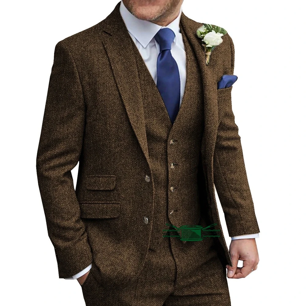 Wool Suit Jacket - Коричневый костюм в клетку «ёлочка» в