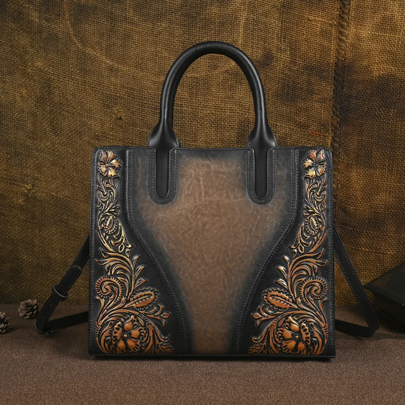 

2026 New Model First-Layer Cowhide Genuine Leather Women's Handbag Crossbody Bag Vintage Embossed Hand-Painted Craftsmanship Large Capacity